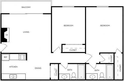 Floor plan for 2 beds, 1 bath, 1000 sqft